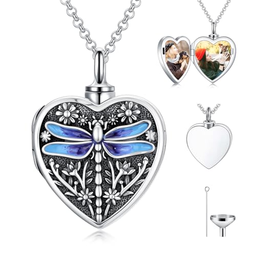 Personalized Heart Urn Locket Necklace for Ashes and Pictures 925 Sterling Silver Customized Locket Cremation Necklace for Ashes Memorial Keepsake Jewelry for Women - color: Dragonfly Urn Necklace, style: Custom