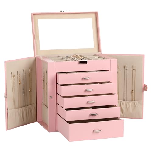 6-Layer Jewelry Box for Women,Large Jewelry Organizer with Drawer | Faux Leather,Built-in Mirror,Spacious Jewelry Storage,16 Necklace Hooks,Organizing by Category for Rings Earrings Bracelet - color: Pink, size: Large