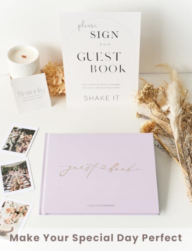 Wedding Guest Book, Polaroid Photo Guestbook for Baby Shower, Blank Pages | Table Sign Included, Gold Stamping, Hardcover, 9x7.5", Perfect for Bridal Party & Baby Shower, Pink - color: Lavender