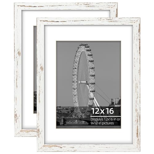 12x16 inch or 9x12 with Mat Poster Picture Frame Set, Wire Brush Distressed White Wood Border, Wall Mount Vertically or Horizontally, Safe Plexi Glass, 2 Pack - color: Rustic White, size: 12 x 16 in 2pk