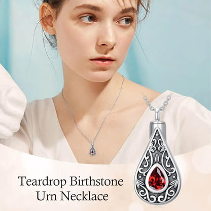 Teardrop Urn Necklace for Ashes Filigree Birthstone Keepsake Pendant Cremation Jewelry for Ashes Memorial Jewelry Gifts for Loss of a Loved One for Women - style: Jan-Garnet