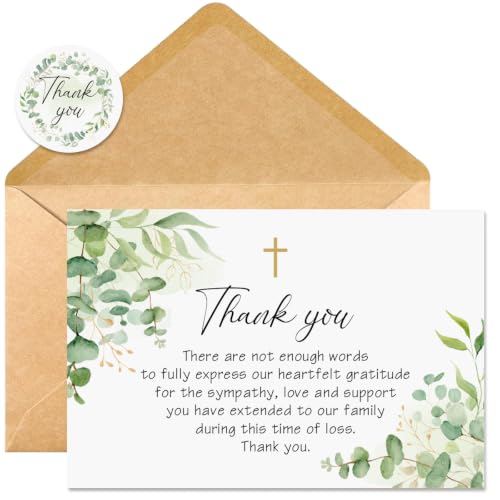 50 Pack Funeral Thank You Cards with Envelopes, Message Inside | 4x6In Thank You Cards for Funeral, Cross & Eucalyptus Design, Sympathy Bereavement Thank You Cards, Thank Family/Friends