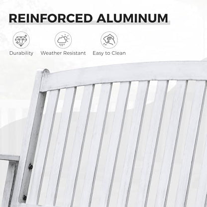 Grand patio 52" Farmhouse Outdoor Bench with Armrest, Gray-White | Anti-rust Aluminum Frame, Faux Wood Grain Finish, for Front Porch, Yard, Park, Garden - color: Gray-white
