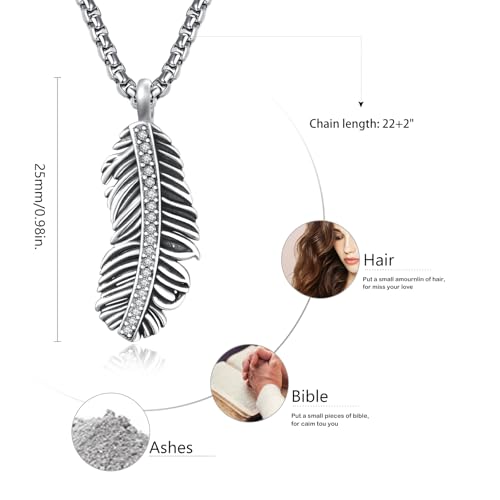 Customized Urn Necklaces for Ashes for Men Women 925 Sterling Silver Cross Necklace for Human Pets Ashes Cremation Memorial Jewelry for Keepsake - style: Feather Urn