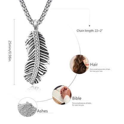 Customized Urn Necklaces for Ashes for Men Women 925 Sterling Silver Cross Necklace for Human Pets Ashes Cremation Memorial Jewelry for Keepsake - style: Feather Urn