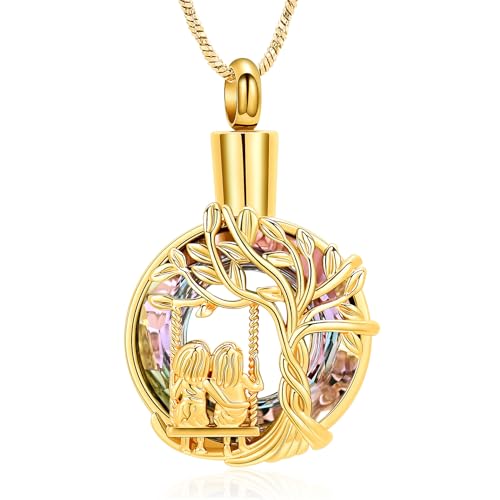 Yinplsmemory Cremation Jewelry Tree of Life Urn Necklace for Women Ashes Keepsake Jewelry for Sister for Ashes - color: Gold-purple