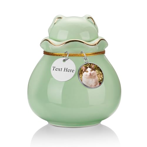 SOITIS Engraving Customized Pet Memorial Urn for Cat or Dog Ashes - 3.54"x3.15" Elegant Ceramic Keepsake Holder with Pet-Shaped Lid & Gold Trim, Small Cyan Urn for Pet Ashes - color: Cyan-custom