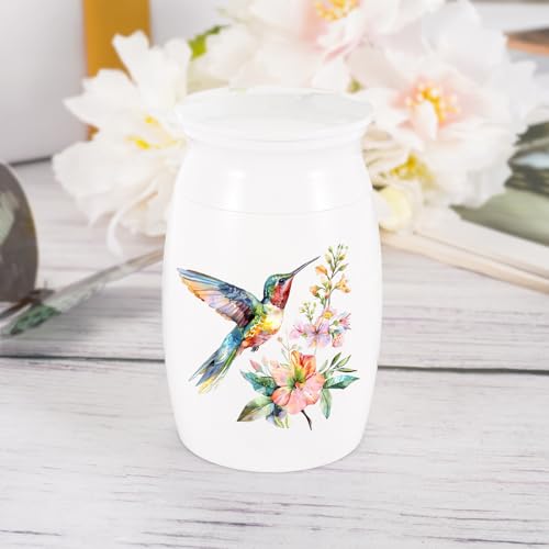 Abooxiu Small Hummingbird Mini Aluminum Memorial Urn - White, Green Pattern - 3 Inches Tall - Human Ashes Keepsake - Secure Threaded Lid - Elegant & Exquisite Craftsmanship - Decorative Urn for Adults