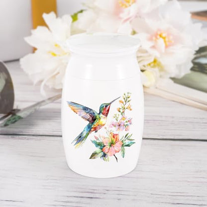 Abooxiu Small Hummingbird Mini Aluminum Memorial Urn - White, Green Pattern - 3 Inches Tall - Human Ashes Keepsake - Secure Threaded Lid - Elegant & Exquisite Craftsmanship - Decorative Urn for Adults