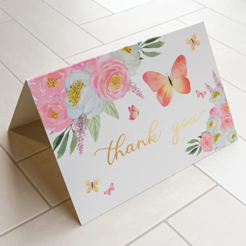 Gooji 4x6 Butterfly Pink Floral Thank You Cards with Envelopes (Bulk 20-Pack) Matching Peel-and-Seal Envelopes, Watercolor, Birthday Party, Baby Shower, Weddings, Greeting - color: Pink, White, Green