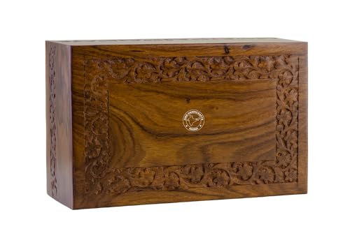 Wooden Cremation Urn for Human Ashes Adult – Handcrafted Rosewood Funeral Urn Box with Floral Carving | Large 260 Cu in Memorial Urn with Secure Bottom Panel | Wood Burial Urn for Men & Women - color: Natural, size: X-tra Large: 11" x 7.25" x 4.5" - 260 l