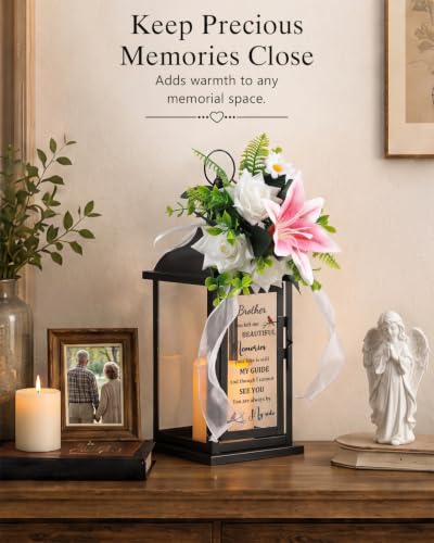 Memorial Lantern with Flower, Sympathy Gift for Loss of Brother, Funeral Condolence Gift in Loving Memory of Brother - color: Brother/Black