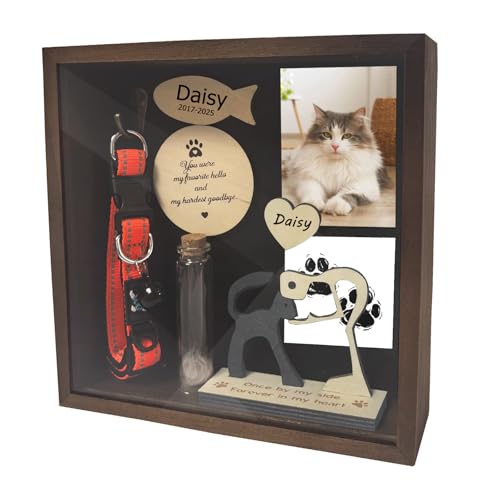 8.6'' Pet Memorial Shadow Box for Cats, Cat Memorial Picture Frame Loss Pet Sympathy Gift Animal Remembrance Keepsake with Collar Holder Paw Print Kit Fur Jar for Tabletop Wall Hanging Customized-Cat
