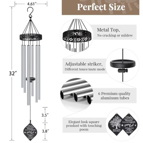 Memorial Gifts for Loss of Dad,32'' Sympathy Wind Chimes Gifts for Loss of Father, Bereavement/Condolence/Remembrance Gift, Windchimes in Memory of Dad - size: F-Silver- Dad