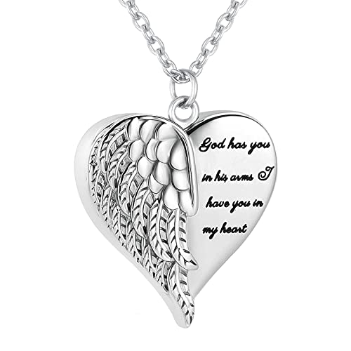 Angel Wing Heart Urn Necklace for Ashes Keepsake Pendant Memorial Locket Ash Holder Cremation Jewelry for Men Women - color: Silver
