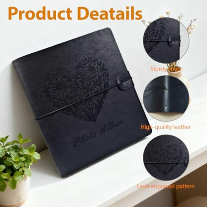 Photo Album 4x6, Leather Scrapbook Album with 50 Photos and 20 Writing Paper, DIY 6 Ring Binder Photo Album for Wedding Kids Birthday Family Travel (Black) - color: Black