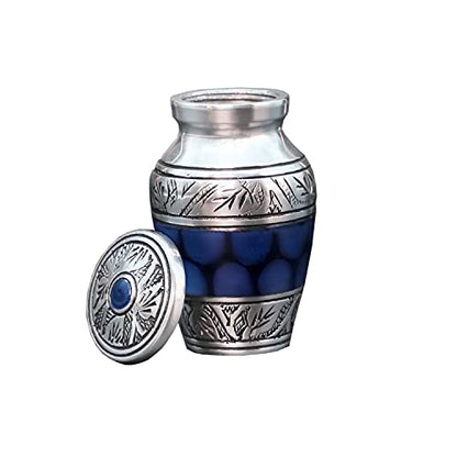 HLC Lovely Small Keepsake Urn - Blue Brass Hand Engraved Mini Memorial Affordable Keepsake Urn for Human Ashes (3 cu.in)