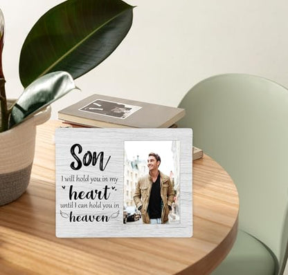 Son Memorial Picture Frame, I Will Hold You in My Heart Remembrance Wooden Photo Frame Gifts for Loss of Son, 4x6 inch Photo - style: Son Remembrance Memorial