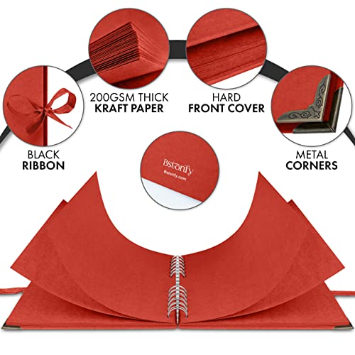 Bstorify Square Scrapbook Photo Albums 8 x 8 Inch Red Thick Paper, Hardcover, Metal Corners, Ribbon Closure - Ideal for Your Scrapbooking Albums, Art & Craft Projects | Hardcover with Thick 200 GSM Kraft Paper, Ideal for Your Scrapbooking Albums, Art & Cr