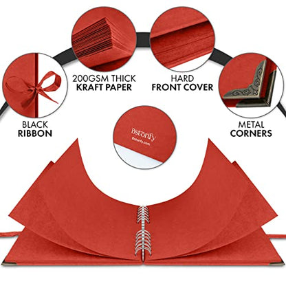 Bstorify Square Scrapbook Photo Albums 8 x 8 Inch Red Thick Paper, Hardcover, Metal Corners, Ribbon Closure - Ideal for Your Scrapbooking Albums, Art & Craft Projects | Hardcover with Thick 200 GSM Kraft Paper, Ideal for Your Scrapbooking Albums, Art & Cr