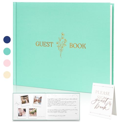 Wedding Guest Book, Polaroid Photo Guestbook for Baby Shower, 9x7.5" | Table Sign Included, Gold Stamping, Twill-Textured Hardcover, Perfect For Bridal Party & Baby Shower, Blue - color: Flower-teal
