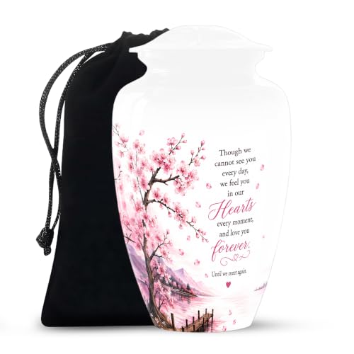 Pink Cherry Blossom Urn - Pink Cremation Urns for Human Ashes Adult Female | White Urns for Human Ashes with Black Velvet Bag Holds Full Adult Ashes Secure Threaded Lid, Female, Floral 10 Inch - color: White + Cherry Blossoms Urn, size: 10" Large Urn