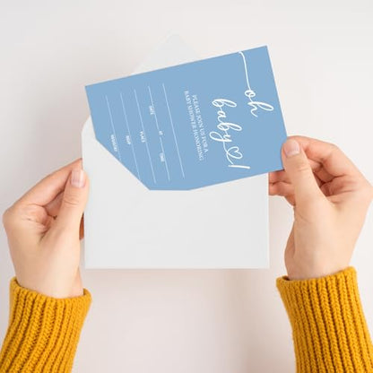 Oh Baby! Baby Shower Invitations for Boys, Blue Minimalism Invite Cards for Baby Announcement, 25 Set of Fill-in Invites with Envelopes, Gender Reveal Party Supplies -B15 - color: blue