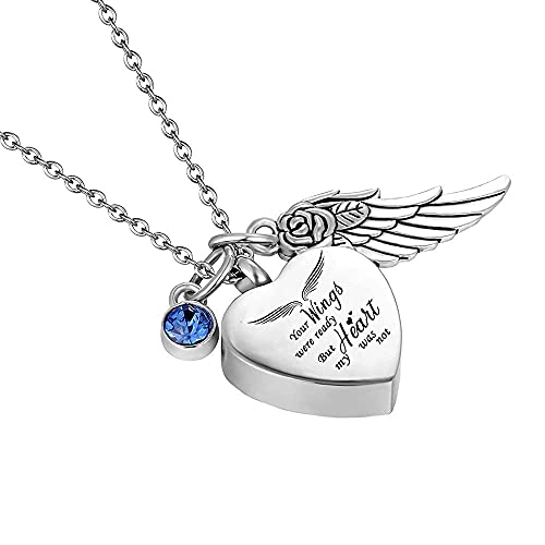 weikui 3 pieces Heart Cremation Urn Necklace for Ashes Memorial Keepsake Pendant with Angel Wing Birthstone Stainless Steel Remembrance Jewelry -Your wings were ready But my heart was not