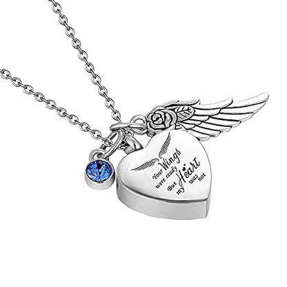 weikui 3 pieces Heart Cremation Urn Necklace for Ashes Memorial Keepsake Pendant with Angel Wing Birthstone Stainless Steel Remembrance Jewelry -Your wings were ready But my heart was not