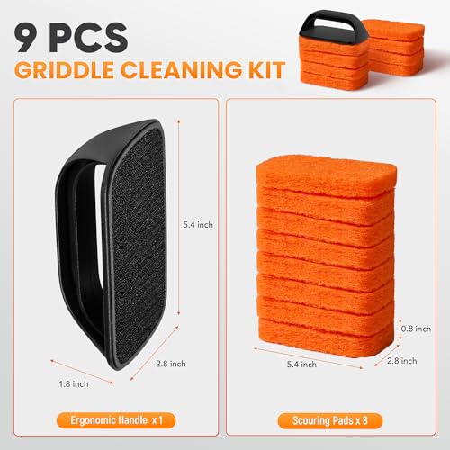 Griddle Cleaning Kit for Blackstone with 8 Scouring Pads & 1 Handle | Flat Top Grill Cleaning Kit, Griddle Accessories, Multi-Functional Scrubber Pads, Easy to Use & Clean (9 PCS) - color: Orange-9 Pcs