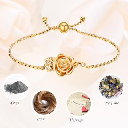 Minicremation Women's Adjustable Rose Urn Bracelet Ashes Holder Memorial Elegant Link Chain Keepsake Cremation Bangle to Hold Ashes - color: Gold-B