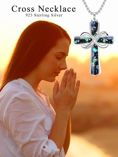 Turquoise Cross Urn Necklaces for Human Ashes 925 Sterling Silver Urn Necklaces Cremation Keepsake Memorial Pendant Necklace for Ashes for Loved One Human Pet - style: Infinity-Abalone Shell