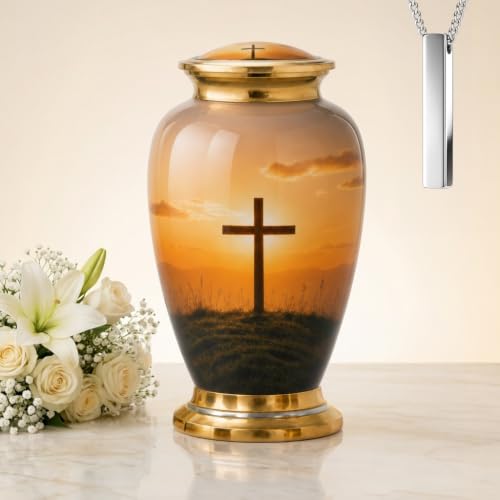 Sunset Cross Cremation Urns for Human Ashes Set of 2 for Adults Men & Women | 1 Large Decorative Traditional Cremation Urn for Ashes Made of Aluminum Urn, & 1 Necklace Urn - color: Hotep Cross Large Urn