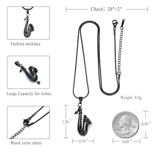memorial jewelry Music Urn Saxophone Horn Chain Necklace Cremation Ash Keepsake Pendant - color: Black