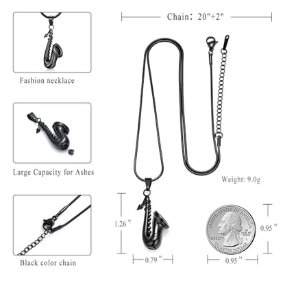 memorial jewelry Music Urn Saxophone Horn Chain Necklace Cremation Ash Keepsake Pendant - color: Black