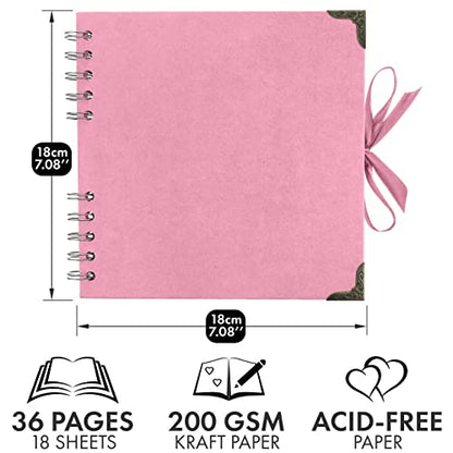 Bstorify Square Scrapbook Photo Albums 7 x 7 Inch Pink Thick Paper, Hardcover, Metal Corners, Ribbon Closure - Ideal for Your Scrapbooking Albums, Art & Craft Projects | Hardcover with Thick 200 GSM Kraft Paper, Ideal for Your Scrapbooking Albums, Art & C