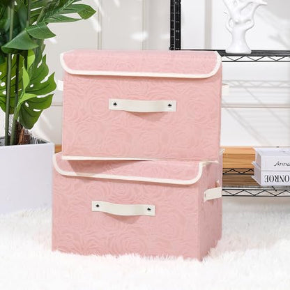 ANMINY Fabric Storage Box Bins with Lids, Rose Print, Pink, 2PCS Large | Keepsake Memory Storage, Nonwoven Fabric, PP Board Frame, Washable, PU Handles, Foldable Stackable, Decorative, 15"x10"x10" - size: Large (Pack of 2)