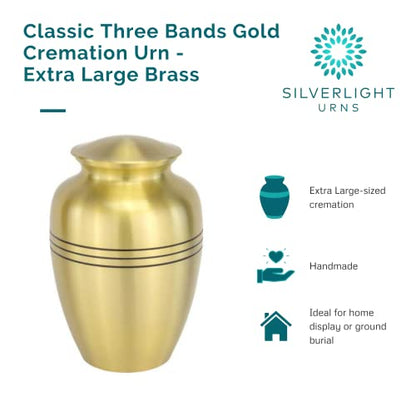 Classic Three Bands Gold Cremation Urn - Extra Large, Brass, 12 Inches High - color: Three Band - Gold