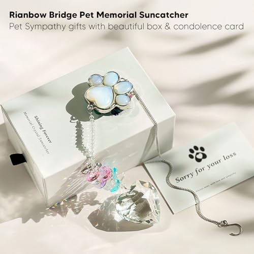 Dog Memorial Gifts, Pet Memorial Suncatcher, Loss of Dog Sympathy Gift | Thoughtful Dogs and Cats Bereavement Remembrance Gifts, Natural Cat's Eye Stone Paw Crystal Suncatcher - color: Moonstone