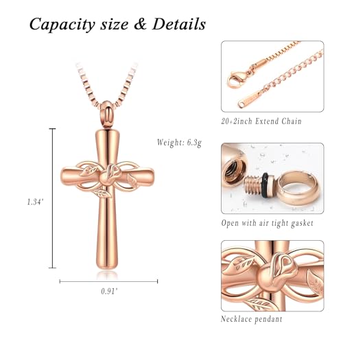 XSMZB Rose Flower Cross Cremation Jewelry for Ashes Human Pet Funeral Urn Pendant Cross Keepsake Ashes Necklace Memorial Gift - color: Rose Gold