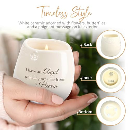 Pavilion Light Your Way Memorial Ceramic Vessel - 100% Soy Wax Candle with "I Have an Angel Watching Over Me From Heaven" Text, Decorative Soy Filled Candle, Scent of Tranquility, 8 oz, White - style: In Memory, Angel Watching
