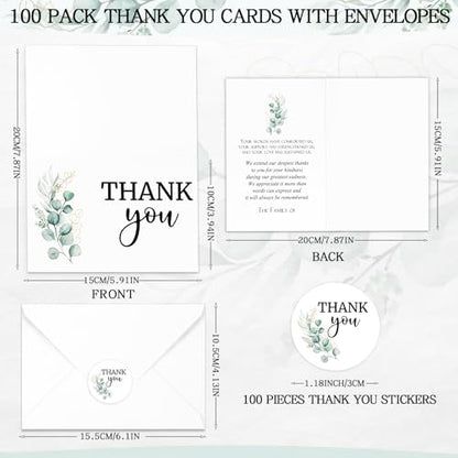 Marspark 100 Sets Funeral Thank You Sympathy Cards with Envelopes and Message Inside Memorial Card Bereavement Cards with Stickers for Funeral Loved Ones Celebration of Life(Green Plants) - style: Green Plants