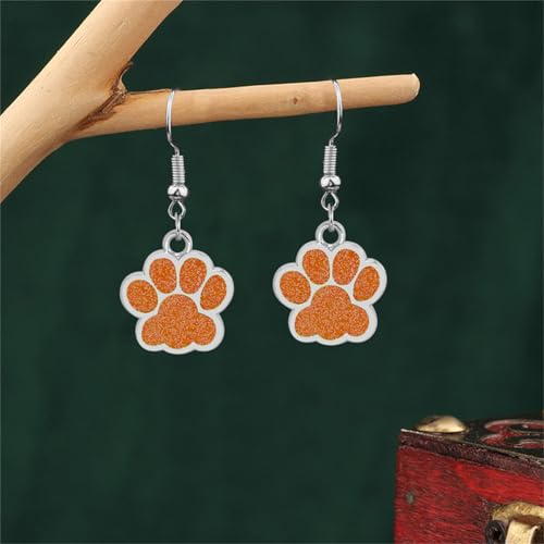 Dreuyet Paw Necklace and Earrings Set for Women Glitter Cute Dog Cat Pet Paw Print Pendant Necklace Earrings Lovely Animal Charm Jewelry Set Gifts - color: Silver Orange