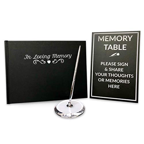 JC Classics Funeral Guest Book | Memorial Guest Book Hardcover | Guestbook for Sign In, Condolence | In Loving Memory in Silver Foil | Silver Pen and Memory Table Card Sign Included (Black-Plain) - color: Black-Plain