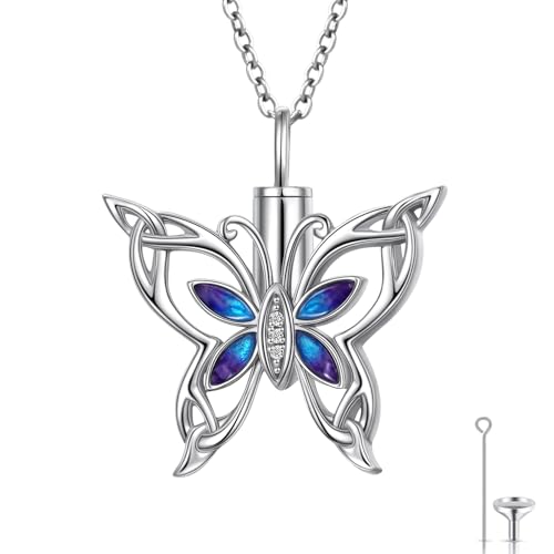 925 Sterling Silver Urn Necklaces for Women Claddagh/Angel Wings/Guitar/Butterfly/Tree of Life Ashes Memorial for Loss Keepsake Jewelry Present Easter Day of the Dead - style: Butterfly - Bluish violet