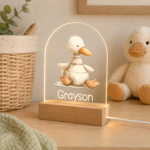 MIRROR MANIA Personalized Duck Night Light for Kids – Custom Name Nursery Lamp with Soft White LED, Premium Clear Acrylic, Wooden Base with USB Cord, Baby Room Decor, Made in USA