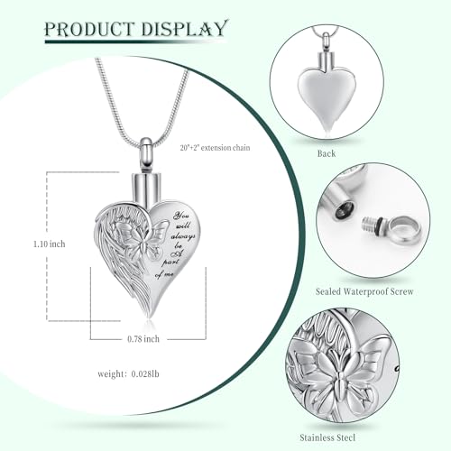 Love Heart Cremation Jewelry Urn Necklaces Butterfly Urn Necklaces for Ashes Memorial Keepsake Pendant for Women Men Gifts With Funnel Kit & Bag - color: Silver