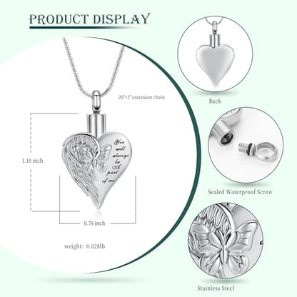 Love Heart Cremation Jewelry Urn Necklaces Butterfly Urn Necklaces for Ashes Memorial Keepsake Pendant for Women Men Gifts With Funnel Kit & Bag - color: Silver