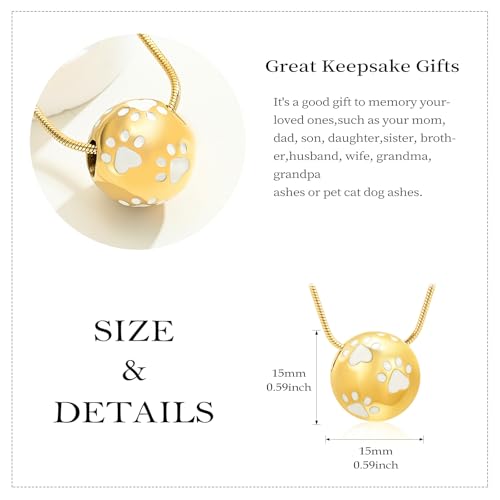 Paw Print Urn Cremation Necklace for Ashes Dog Cat Pet Paw Print Animal Keepsake Memorial Charm Pendant Necklace for Men Women - color: Gold