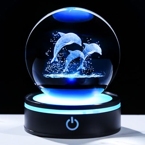 YWHL 3D Dolphin Figurine Crystal Ball with Colorful Light Base, Laser Dolphin Gifts for Women Men on Christmas Birthday, Glass Dolphins Statue Animal Collectible Decoration for Home Office (80mm) - color: Dolphins